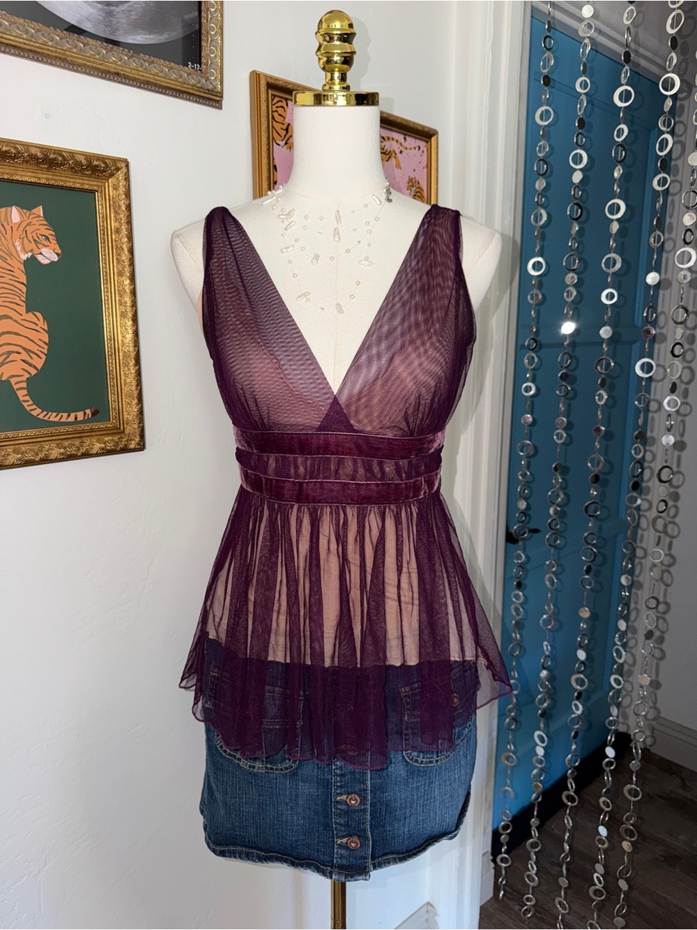 Vintage Y2k Sheer Plunge Mesh Camisole Top in Deep Plum
